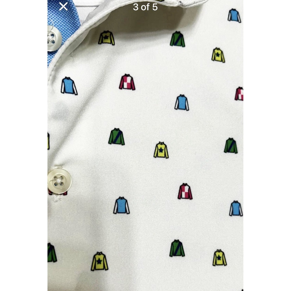 Fairway & Greene Jockey Silks Golf Polo Shirt Mens L White Horse Racing Print